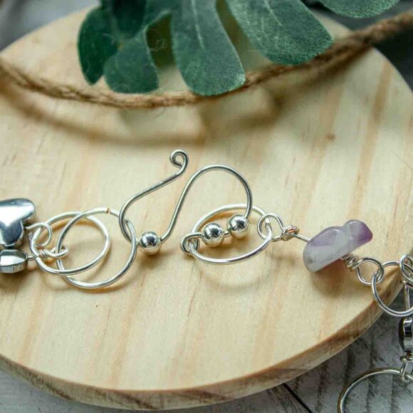 Amethyst Chip Silver Hoop Earrings & Necklace Set with Silver-Plated Heart Charm - Picture 4 of 9